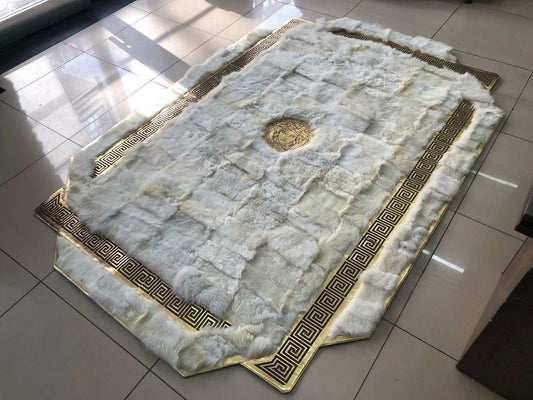 White Gold Fluffy Sheepskin Geometric Rug