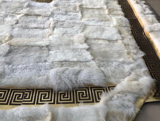 White Gold Fluffy Sheepskin Geometric Rug