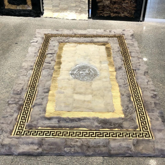 Fluffy Soft Grey Gold White Sheepskin Rug