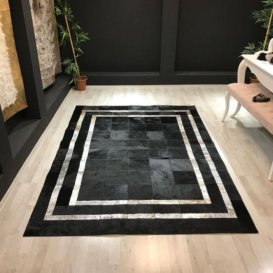Black Silver Cowhide Area Rug
