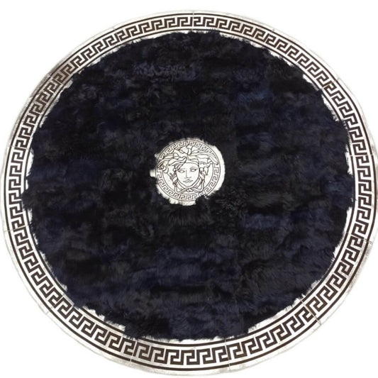 Round Black Silver Fluffy Sheepskin Rug