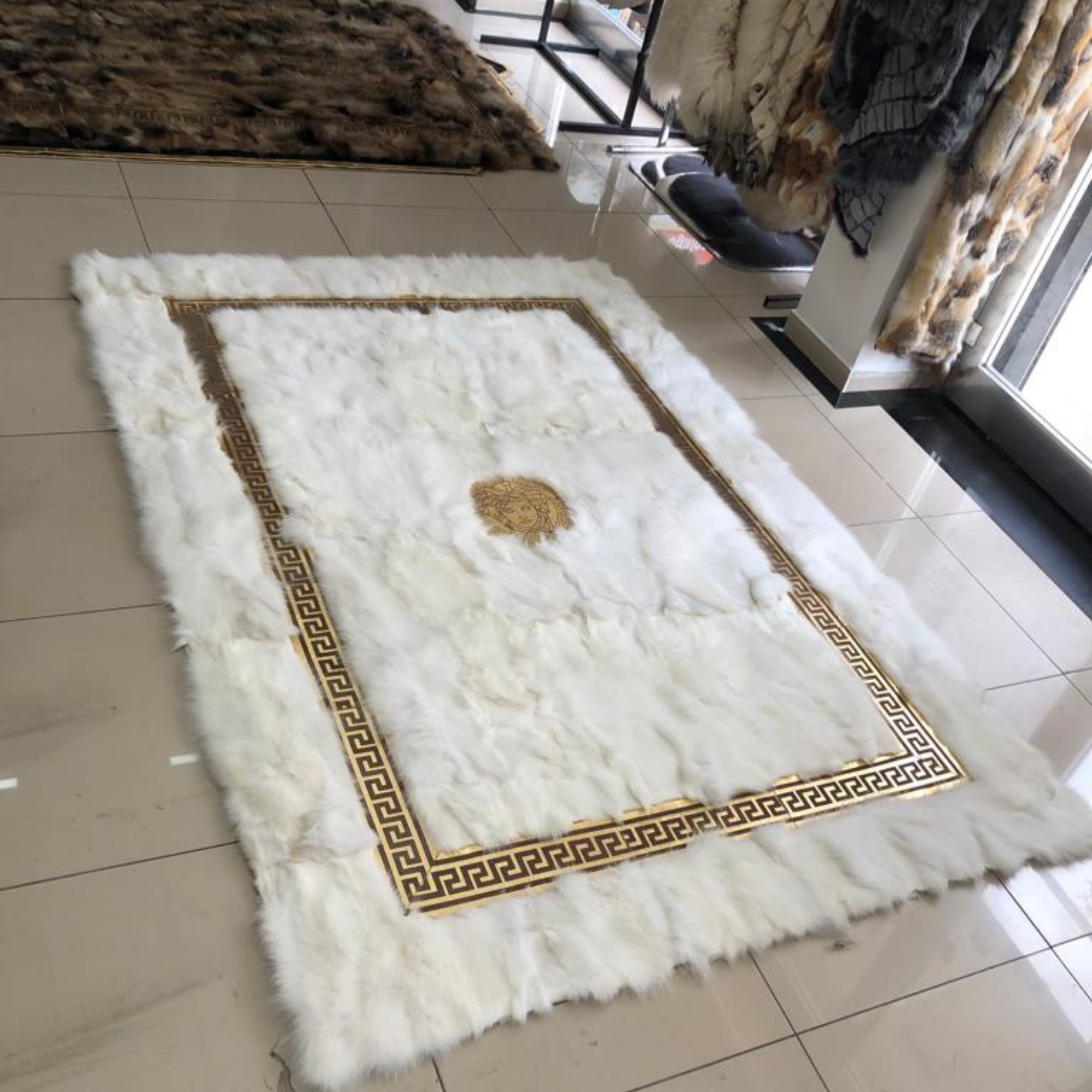 Luxury Fox Fur White Gold Rug
