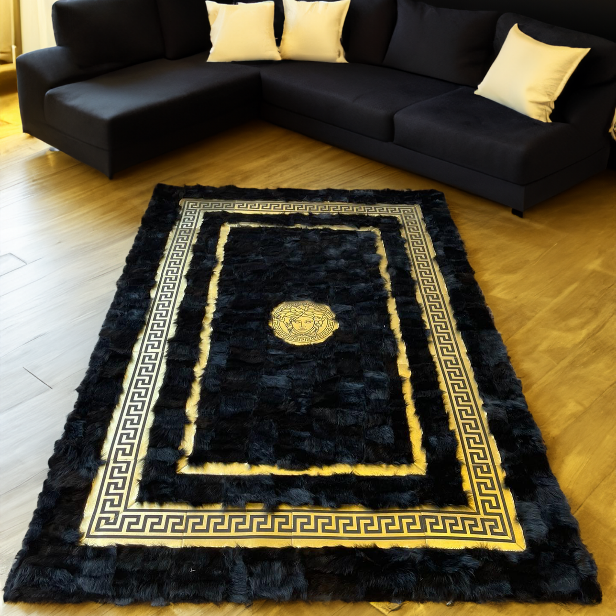 Luxury Black Gold Sheepskin Area Rug