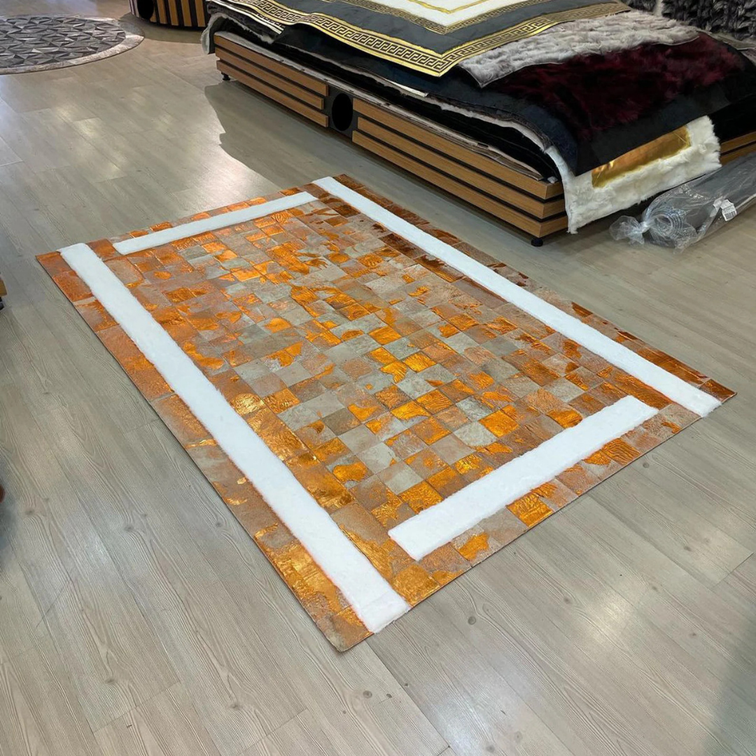 Orange Patchwork Cowhide Area Rug