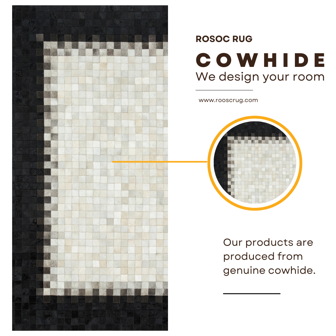 Black Cream Genuine Cowhide Square Rug
