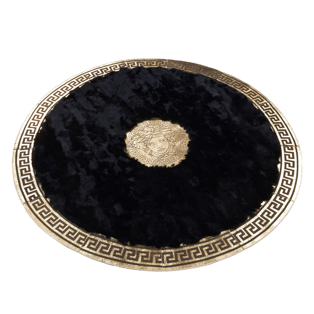 Black Gold Round Fox Fur Rug