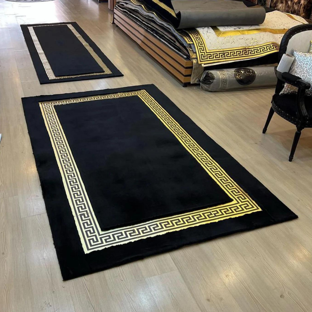 Black Gold Plush Living Room Rug