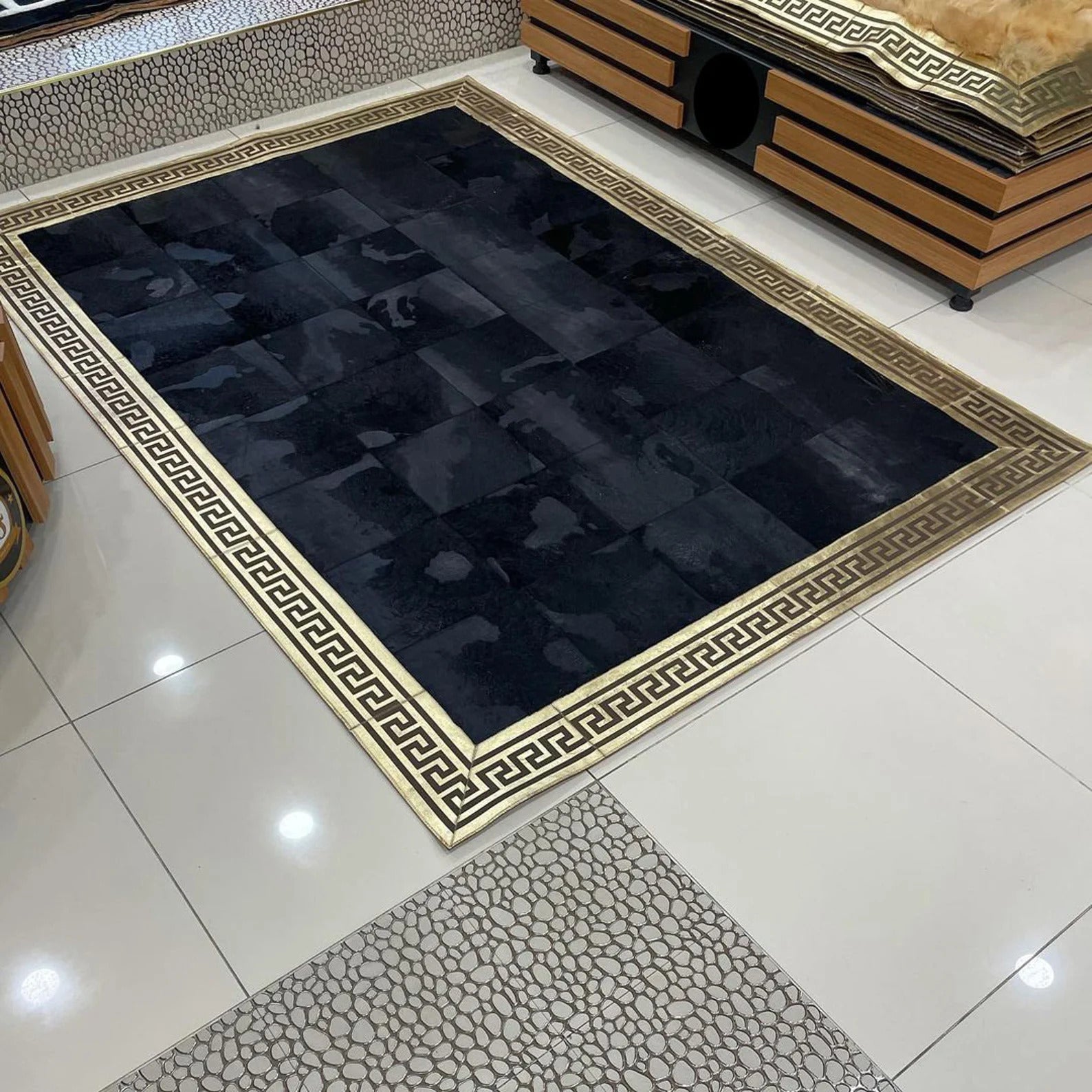 Black Gold Patchwork Genuine Cowhide Rug