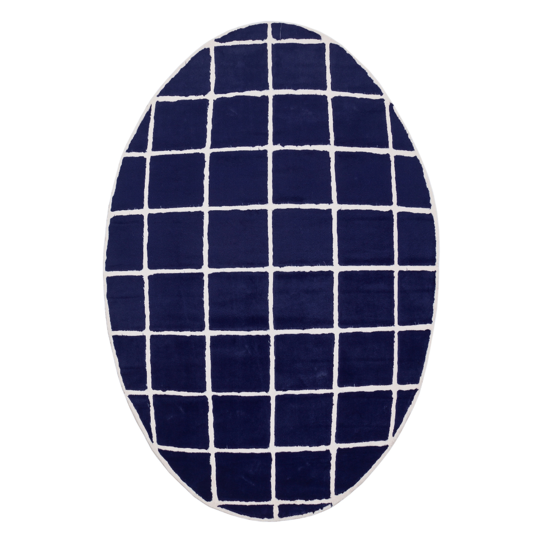 Oval Navy Blue White Plush Rug