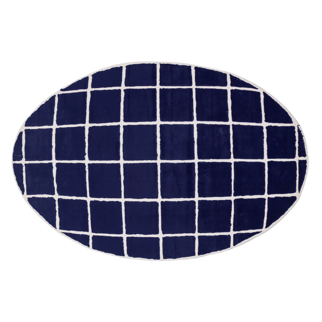Oval Navy Blue White Plush Rug