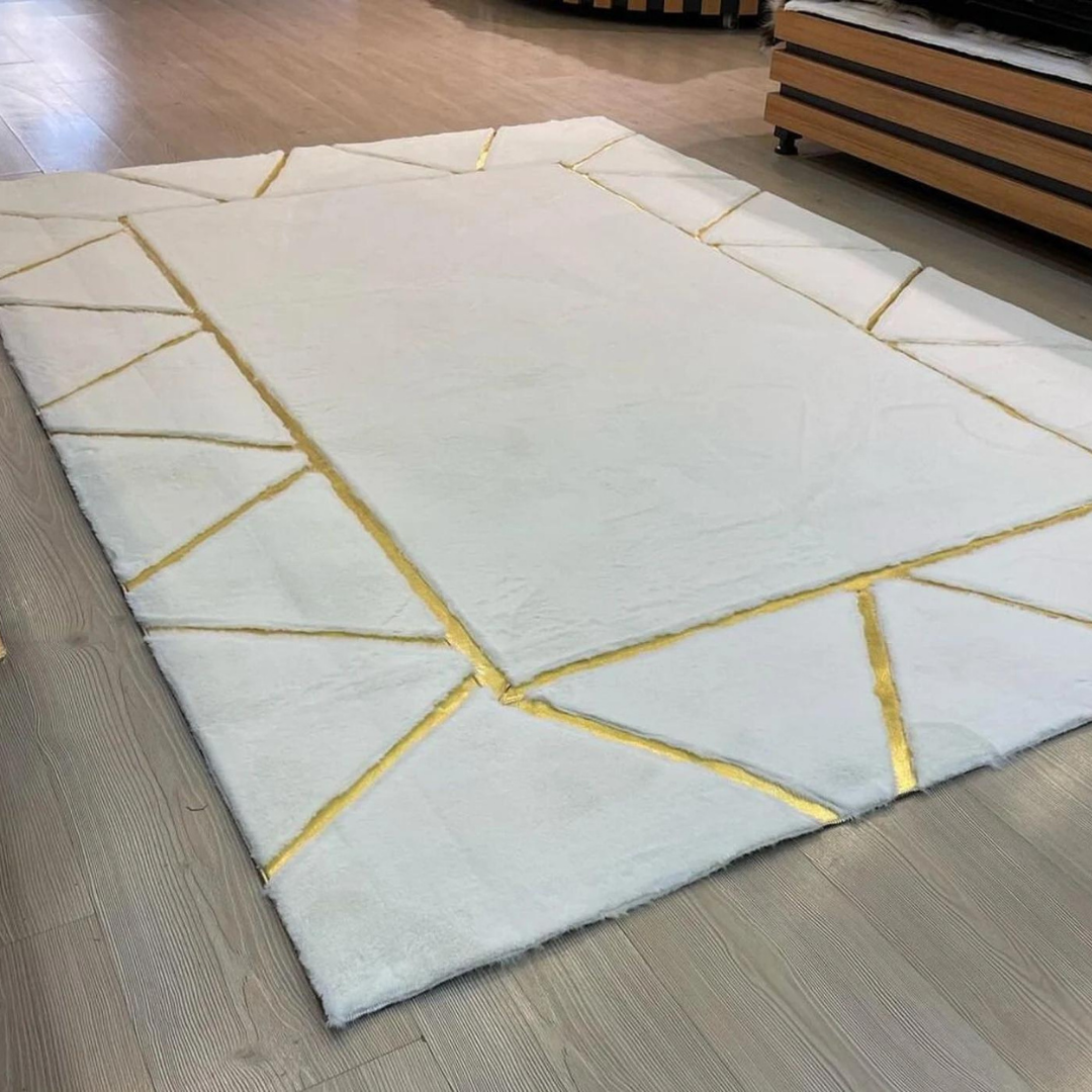 Plush White Gold Living Room Rug